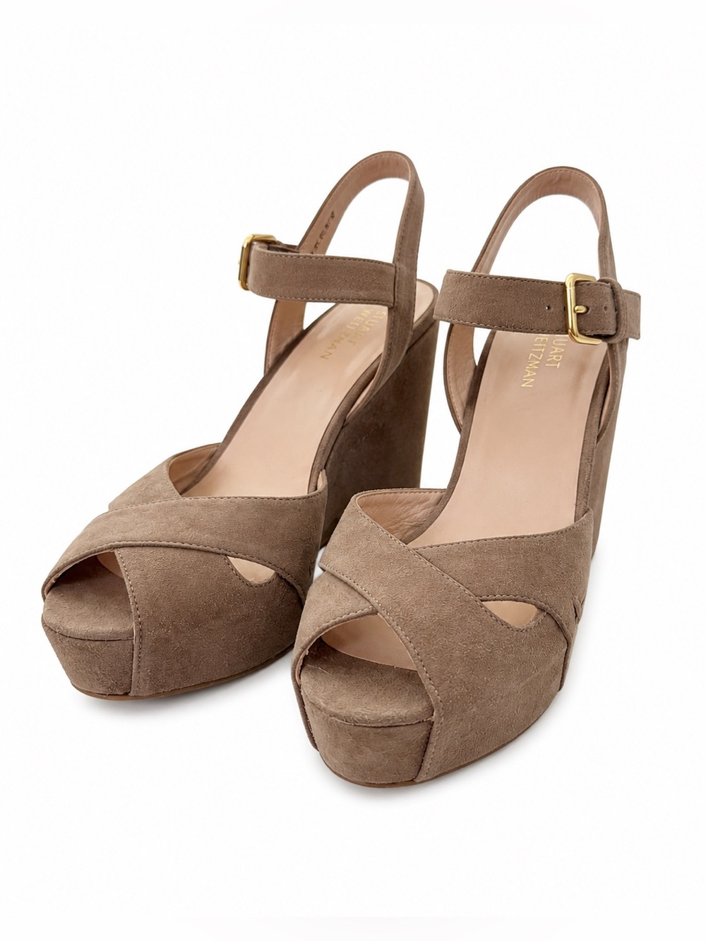 Stuart Weitzman Turnover Suede Wedge Shoes Sandals Taupe Beige Size 7 - Picture 2 of 14